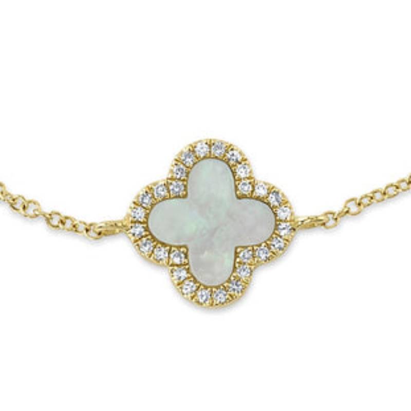 Shy Creation Kate Women's 0.07 ct. Diamond & 0.40 ct. Mother of Pearl Clover Bracelet in 14K Yellow Gold