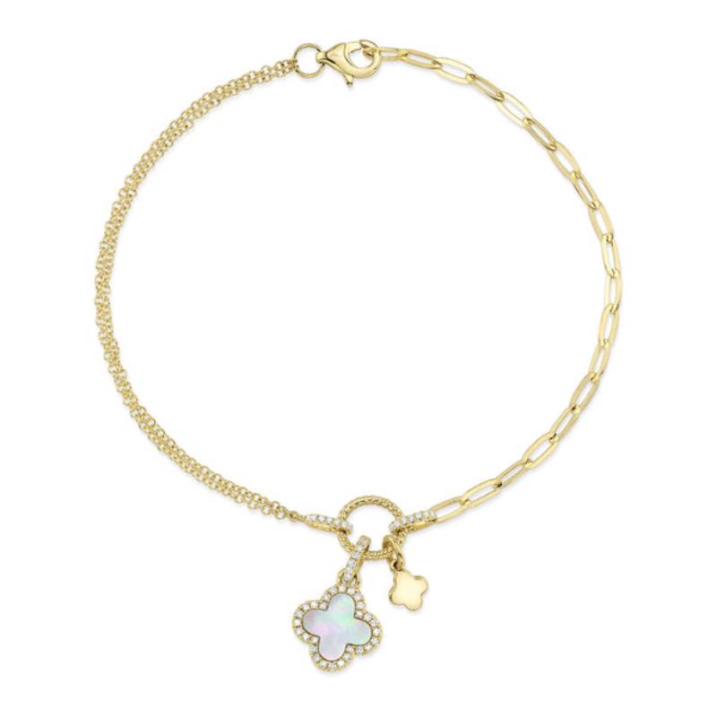 Shy Creation Kate Women's 0.12 ct. Diamond & 0.54 ct. Mother of Pearl Clover Paper Clip Link Bracelet in 14K Yellow Gold