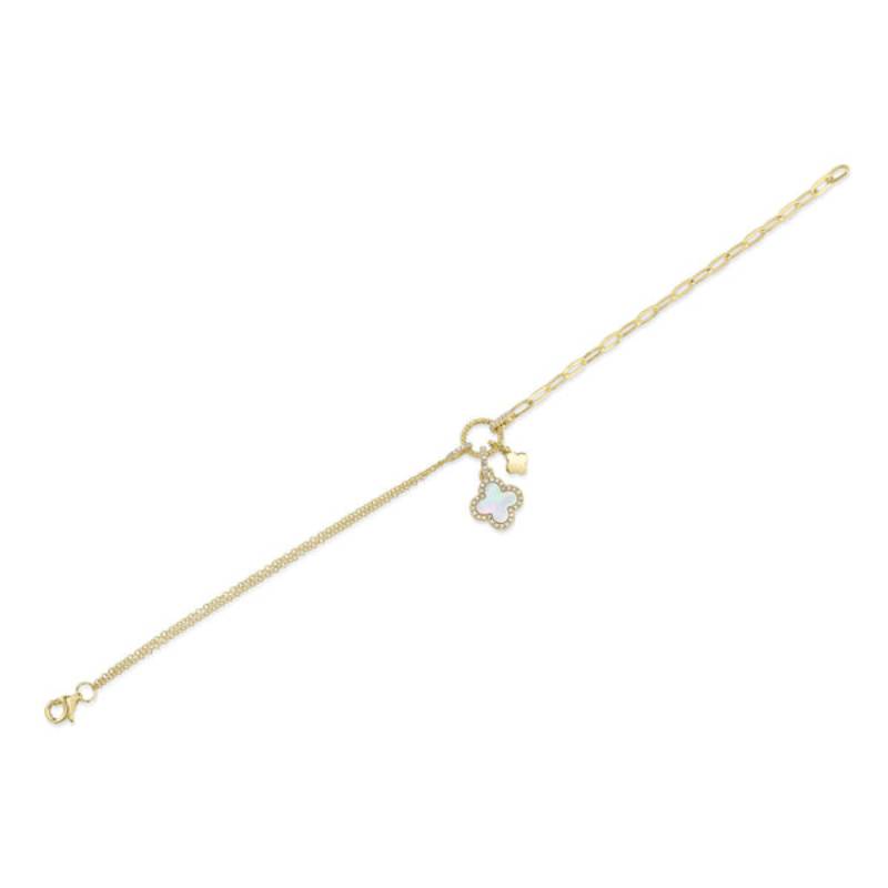 Shy Creation Kate Women's 0.12 ct. Diamond & 0.54 ct. Mother of Pearl Clover Paper Clip Link Bracelet in 14K Yellow Gold