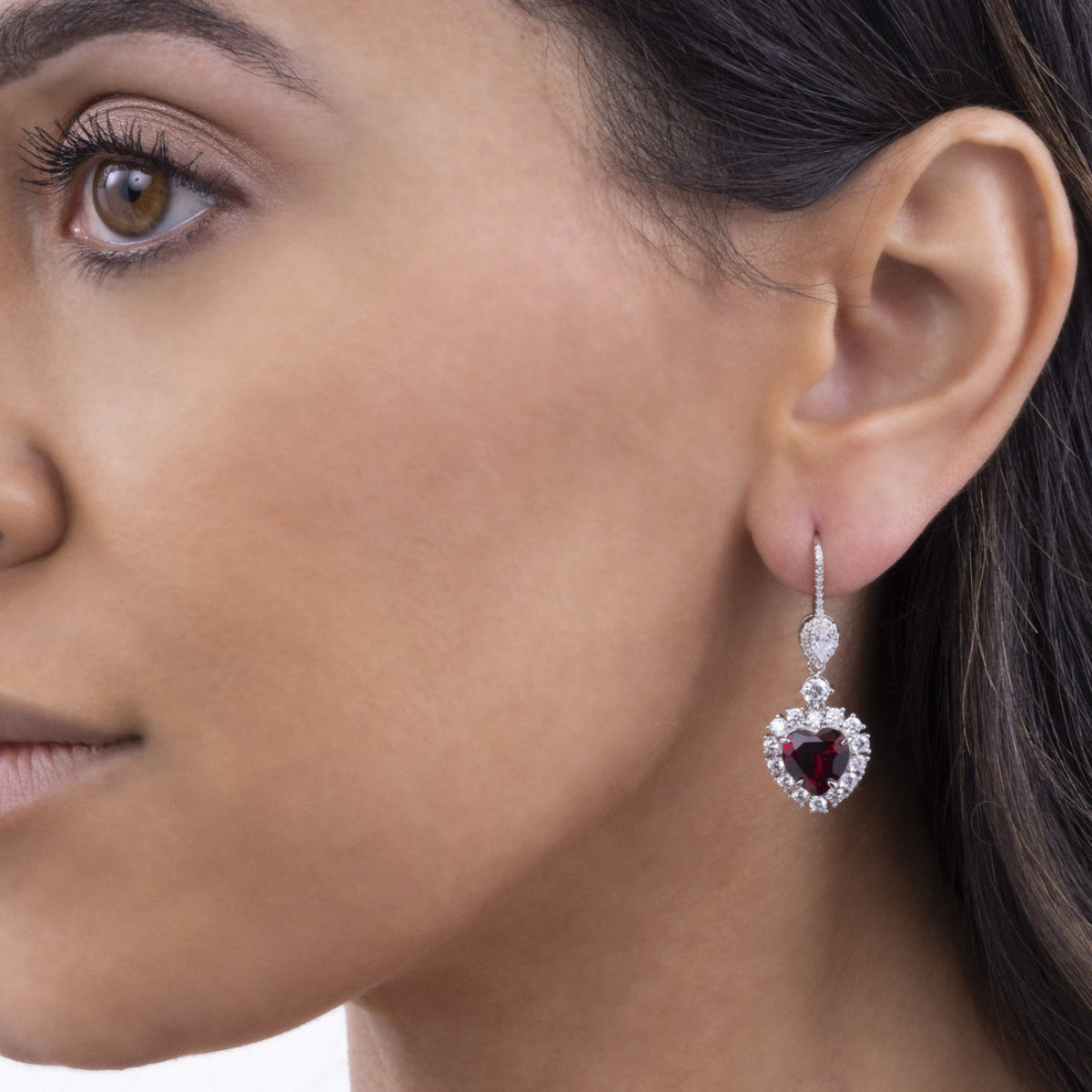 Anna Zuckerman Kate 24 Women's 2 ct. Ruby 3 ct. Diamond Crystalline Calista Heart Shaped Earrings in Platinum-Plating over 925 Sterling Silver