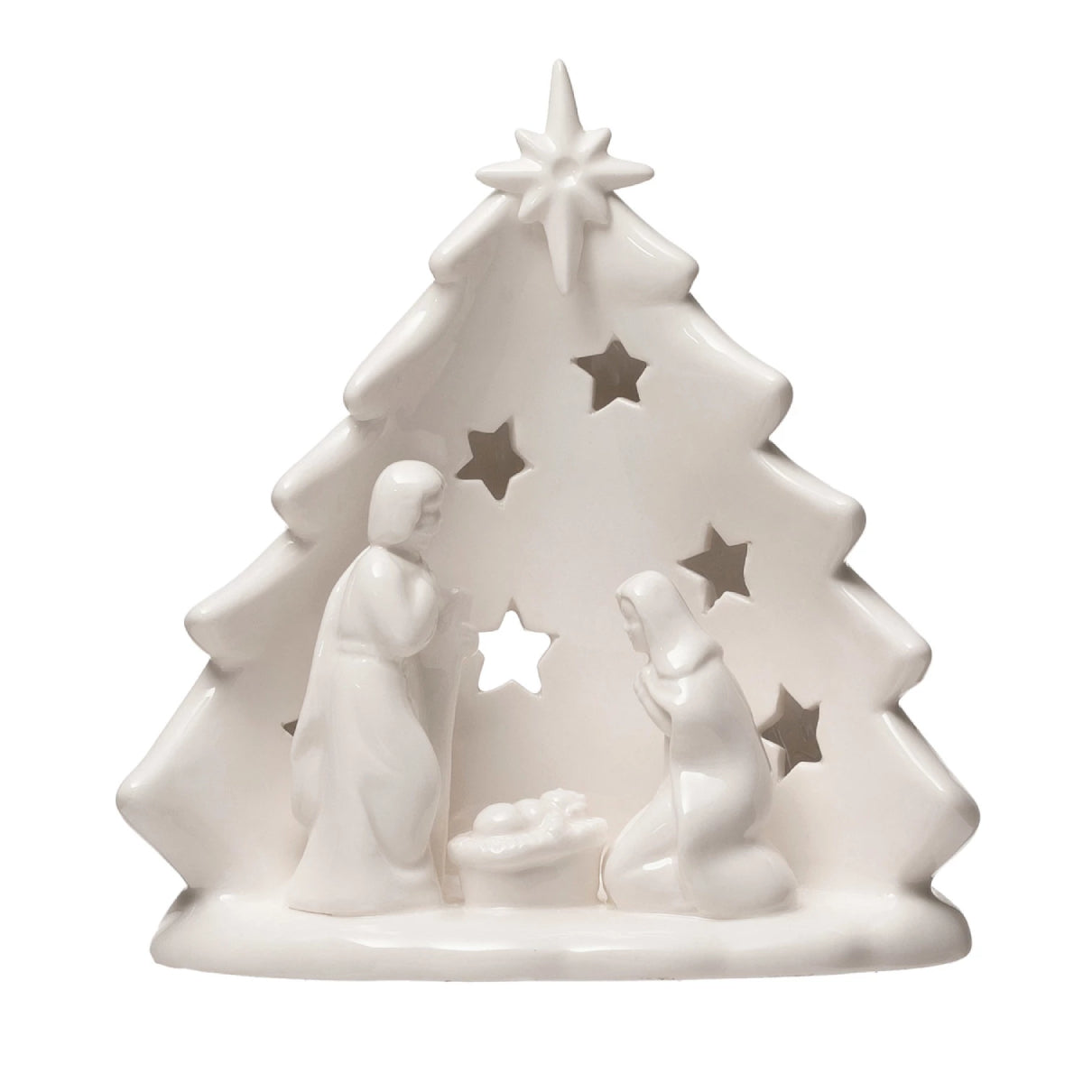 Creative Co-op Holy Family Candle Holder with Tree and Cut-Outs - White