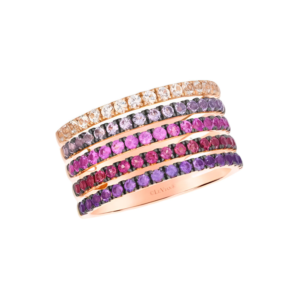 Le Vian Ombre 0.33 ct. Bubble Gum Pink Sapphire, 0.33 ct. Vanilla Sapphire, 0.33 ct. Raspberry Rhodolite, 0.2 ct. Grape Amethyst and 0.2 ct. Cotton Candy Amethyst Ring in 14K Strawberry Gold (Size 7)