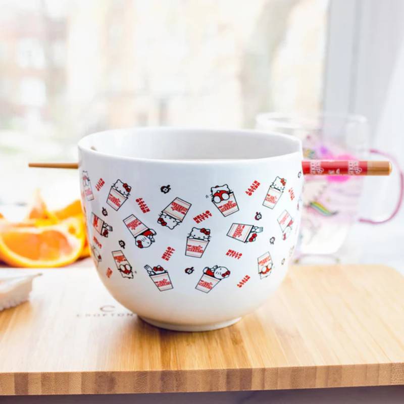 Sanrio Hello Kitty x Nissin Cup Noodles 20 oz Ceramic Ramen Bowl and Chopstick Set - White/Red