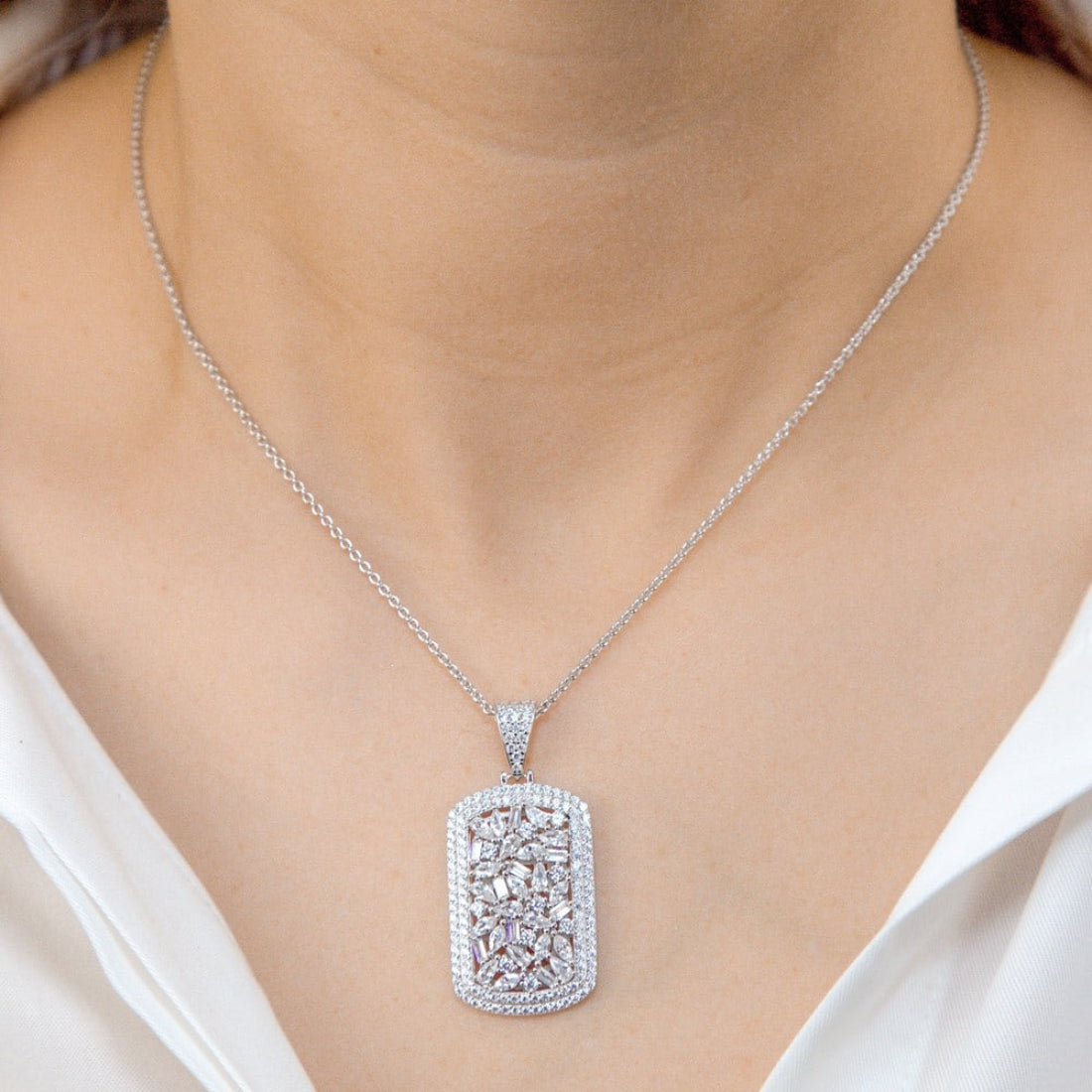 Anna Zuckerman Olivia 48 Women's 20" Diamond Crystalline Dog Tag Necklace in Platinum-Plating over 925 Sterling Silver