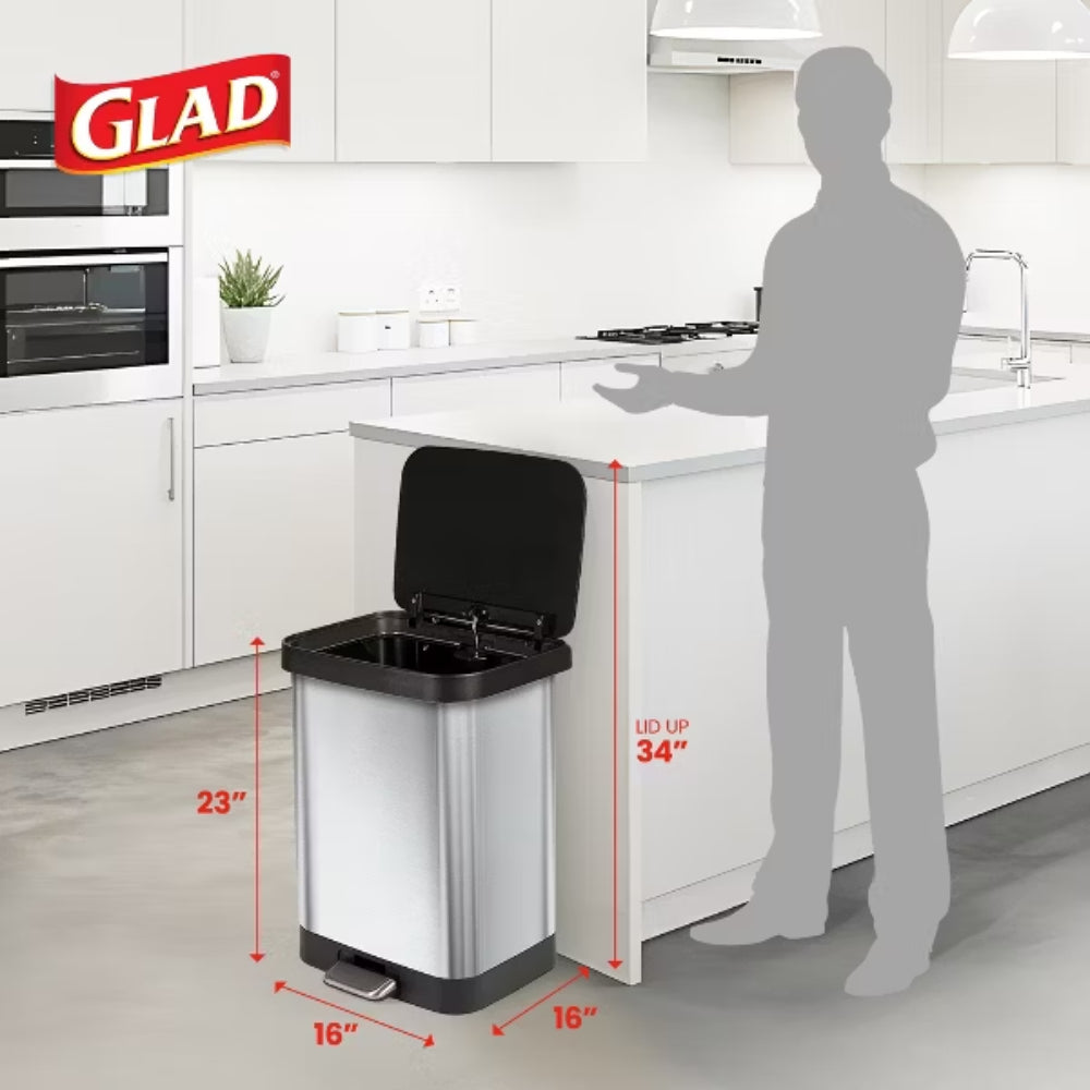 Glad 50L Step Trash Can with Odor Protection - Silver/Black