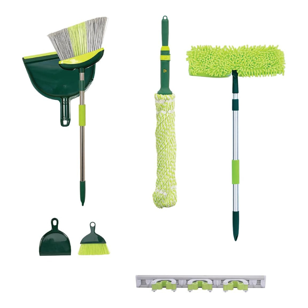 Pine-Sol Broom & Mop Cleaning (7-Piece) Set All in One Floor Cleaning Kit - Green/Silver