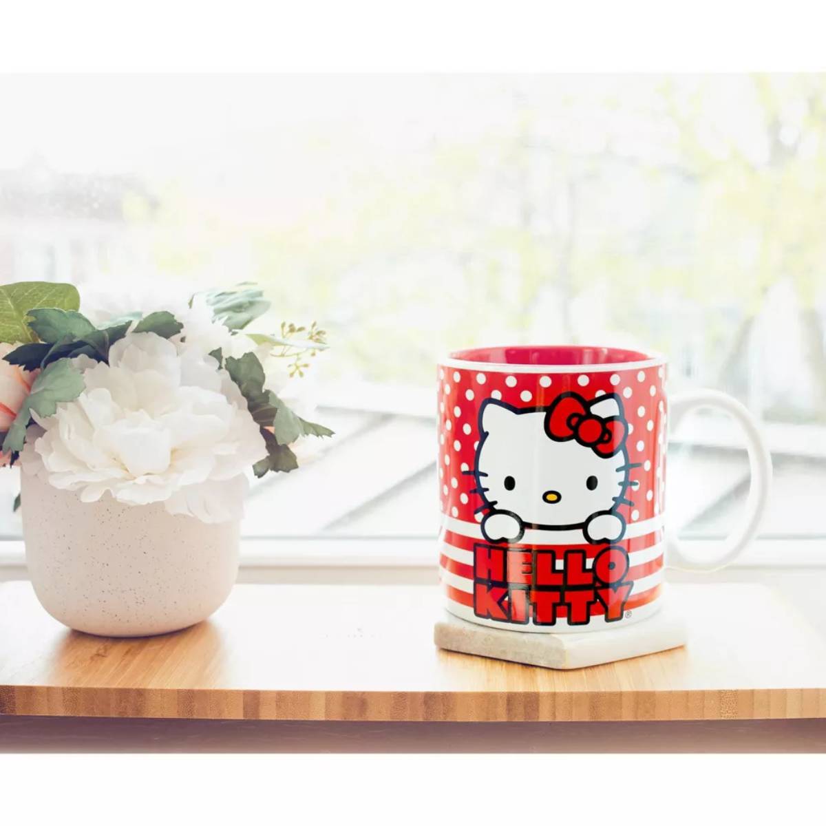 Sanrio Hello Kitty 20 oz Ceramic Dots And Stripes Mug - Red/White