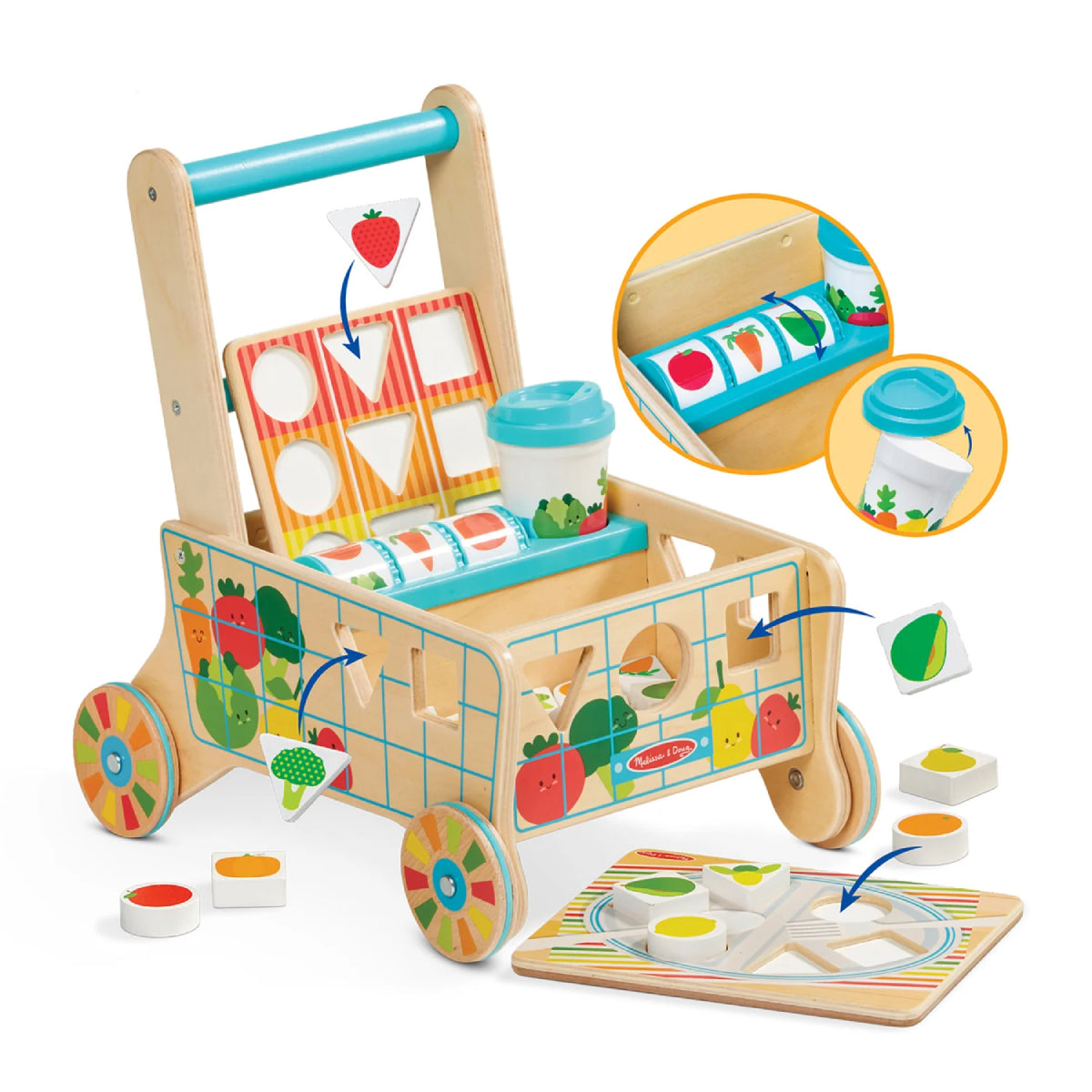 Melissa and Doug Wooden Shape Sorting Grocery Cart (16 Pieces)