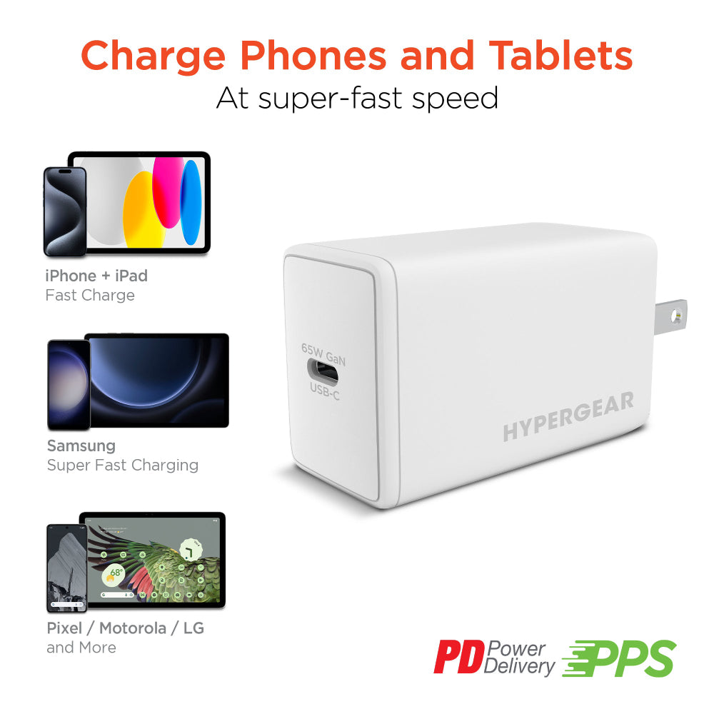 HyperGear SpeedBoost 65W USB-C PD GaN Laptop Wall Charger with PPS - White