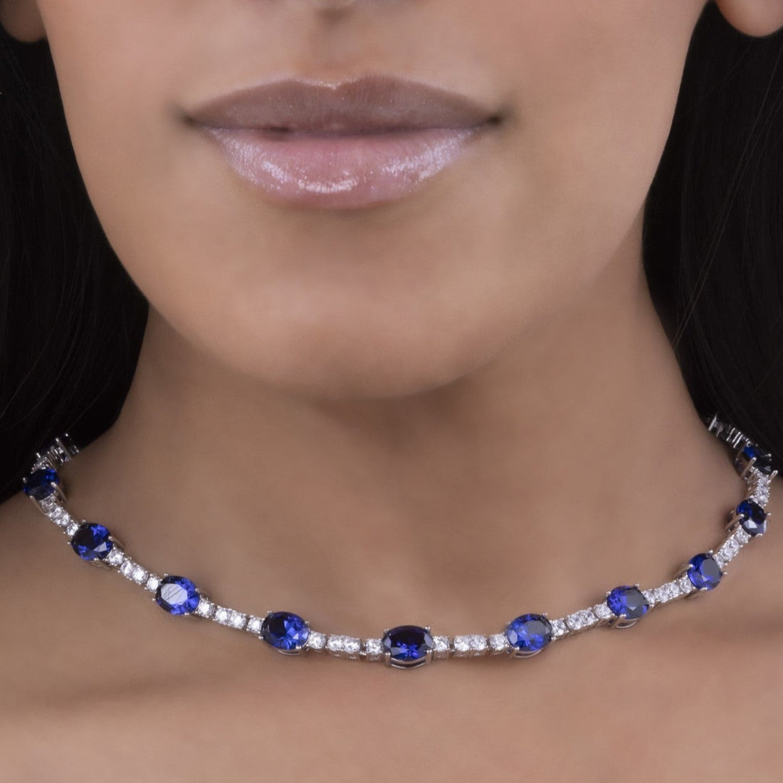 Anna Zuckerman Victoria 56 Women's 16" 36 ct. Blue Sapphire & 6 ct. Diamond Crystalline Casablanca Choker Necklace in Platinum-Plating over 925 Sterling Silver