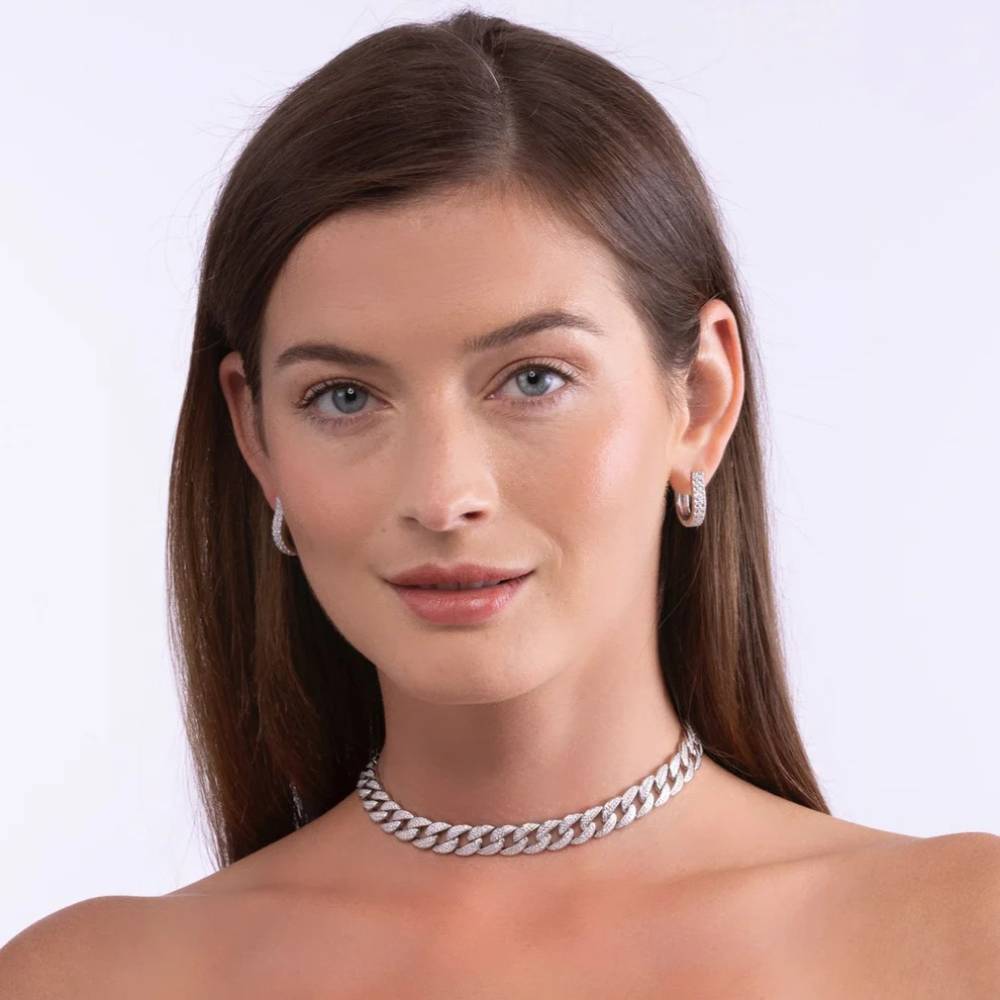 Anna Zuckerman Olivia 63 Women's White Diamond Crystalline Super Cuban Link Necklace in Platinum-Plating over 925 Sterling Silver