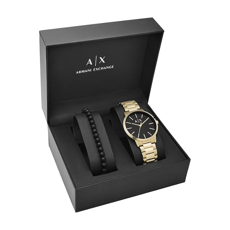 Armani Exchange Cayde Men's 42mm Gold-Tone Watch with Beaded Slider Bracelet - Black Dial