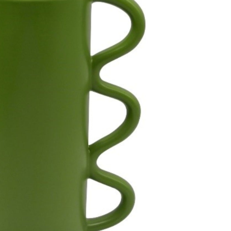 Three Hands 9.5" Cylindrical Ceramic Vase with Wavy Handles - Green