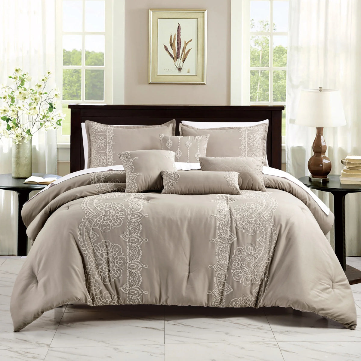 ESCA Marie King Size Comforter Set (7- Pieces) - Taupe