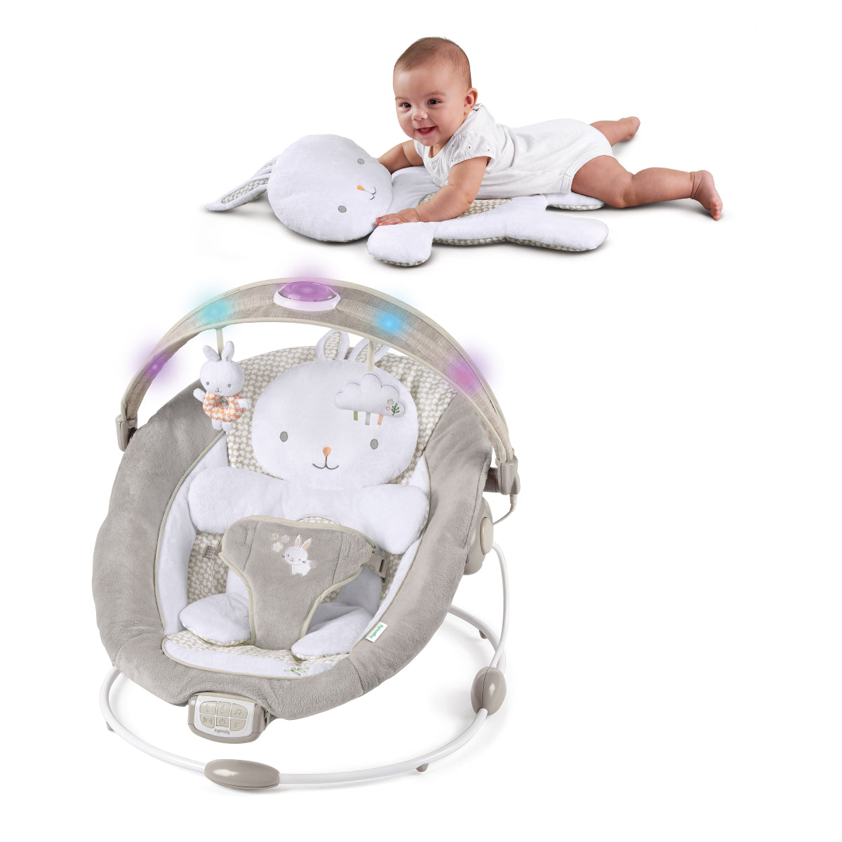 Ingenuity InLighten Twinkle Tails Baby Bouncer Seat with Light Up Toy Bar - Gray
