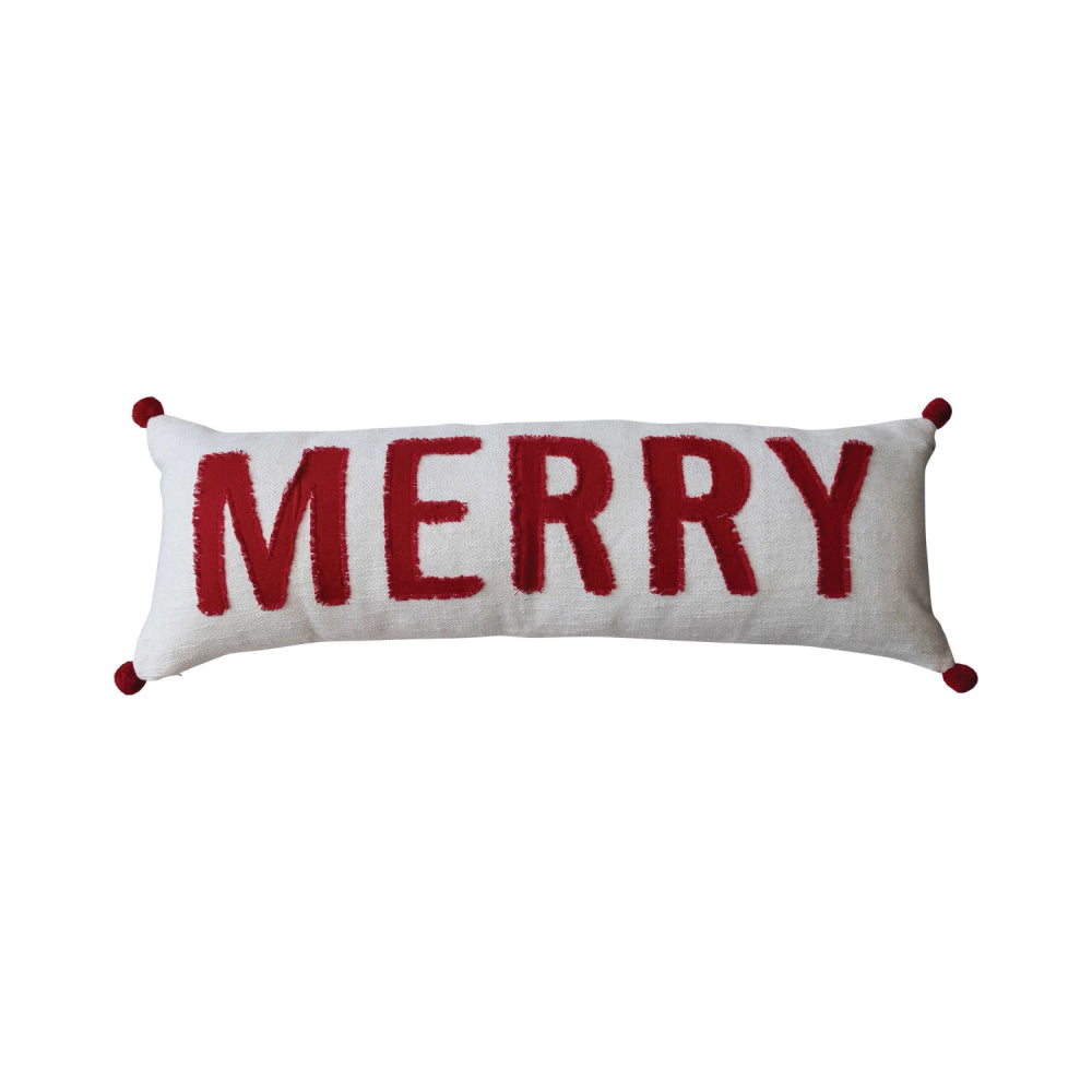 Creative Co-op Lumbar Pillow with "Merry" - Red/White