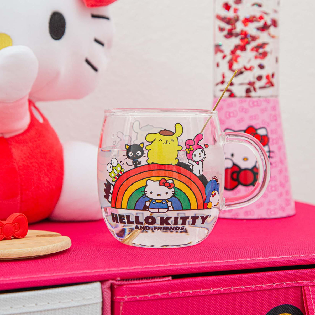 Sanrio Hello Kitty and Friends 17 oz Rainbow Glass Mug with Lid and Spoon - Multicolor