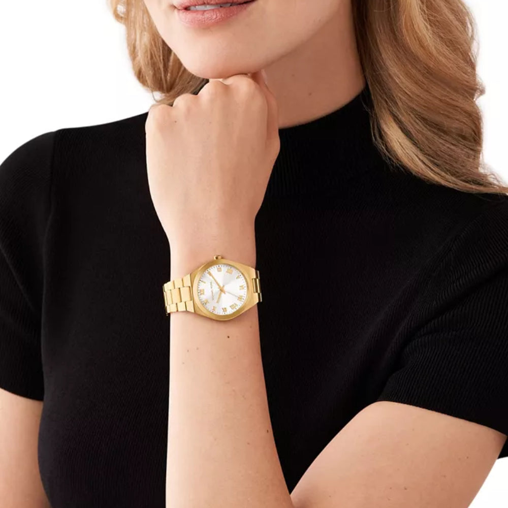 Michael Kors Lennox Women's 37mm Gold-Tone Bracelet Watch - White Sunray Dial