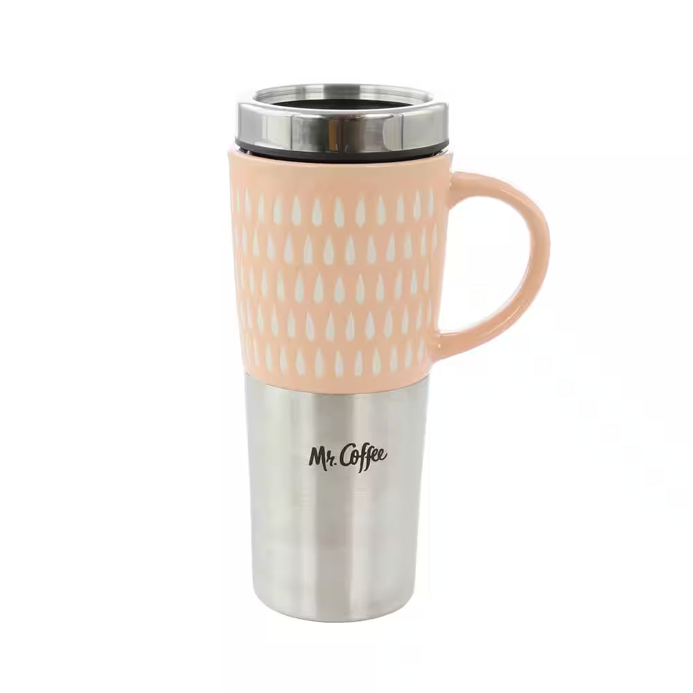 Mr. Coffee 138967 Travertine 16 oz Travel Mug with Lid - Light Pink