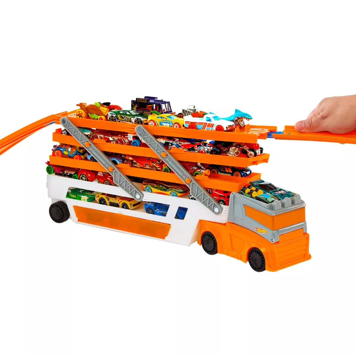 Hot Wheels Mega Hauler Truck Toy with 4 Die-Cast Cars - Orange