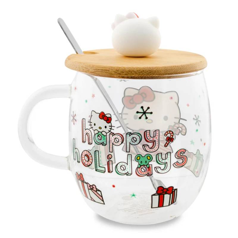 Sanrio Hello Kitty 17 oz Holiday Glass Coffee Mug With Lid and Spoon