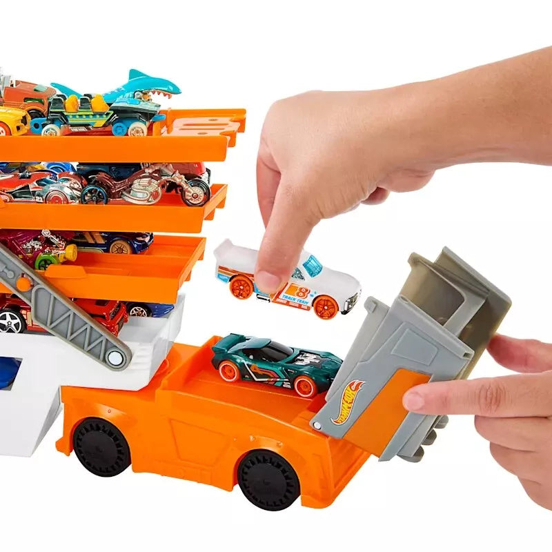 Hot Wheels Mega Hauler Truck Toy with 4 Die-Cast Cars - Orange
