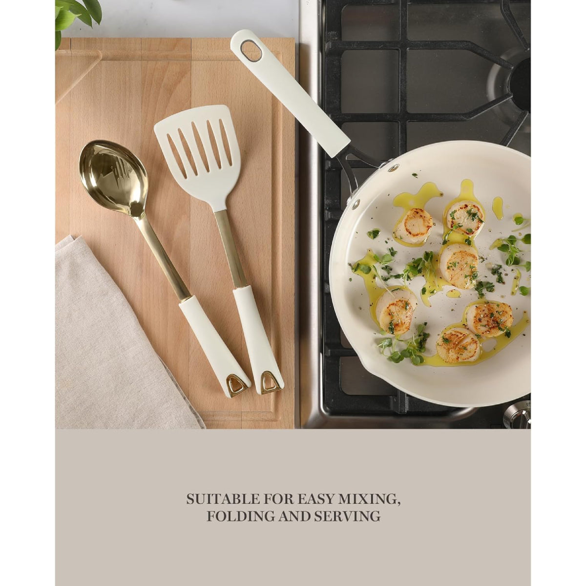 Martha Stewart 143815 Kitchen Slotted Turner and Spoon (2 Piece) Set - Linen/Gold