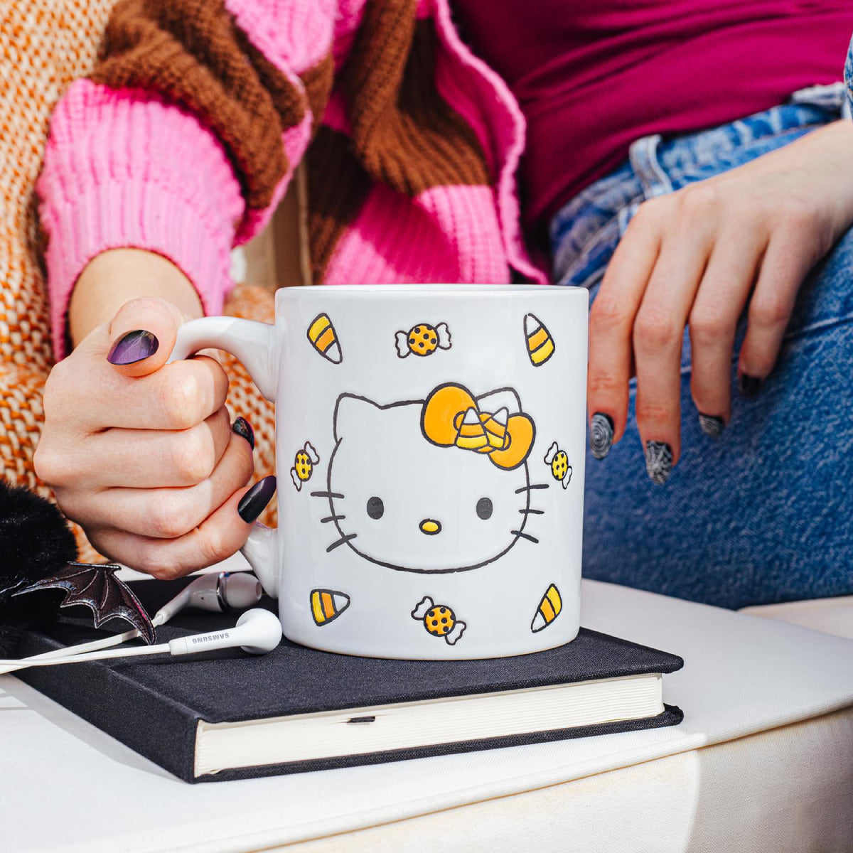 Sanrio Hello Kitty Candy Corn 14 oz Wax Resist Ceramic Pottery Mug - White