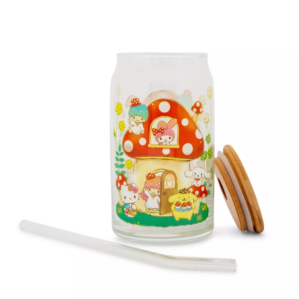 Sanrio Hello Kitty and Friends Mushroom 20 oz Glass Tumbler With Bamboo Lid and Straw - Multicolor