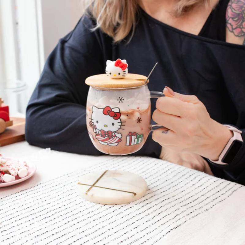 Sanrio Hello Kitty 17 oz Holiday Glass Coffee Mug With Lid and Spoon