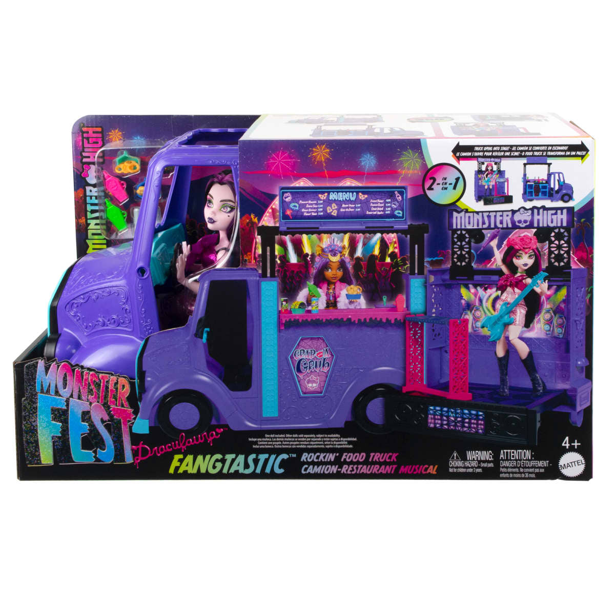 Monster High Draculaura Doll and Fangtastic Rockin’ Food Truck Playset with 13+ Themed Accessories