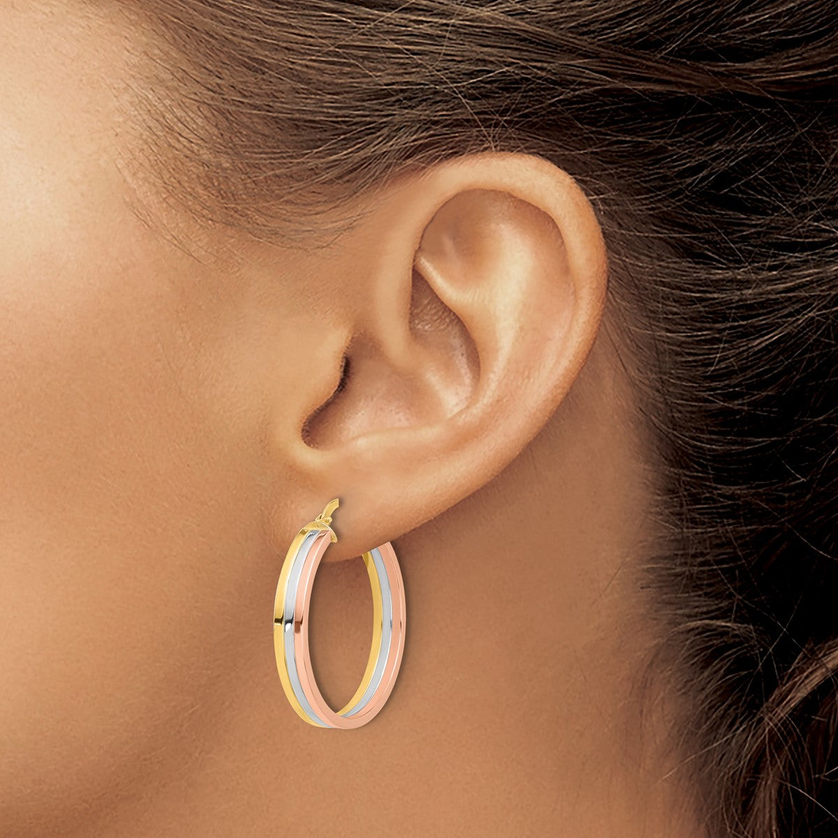 14K Leslie's Women's 4.5mm Three-Row Left Right Hoop Earrings in 14K Three-Tone Gold
