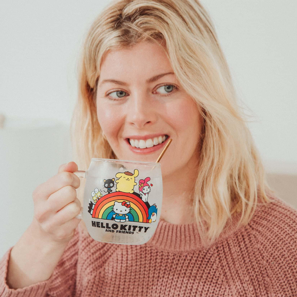 Sanrio Hello Kitty and Friends 17 oz Rainbow Glass Mug with Lid and Spoon - Multicolor