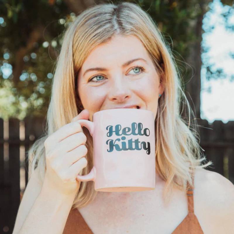 Sanrio Hello Kitty Flower Badge Wax Resist 18 oz Ceramic Pottery Mug - Pink