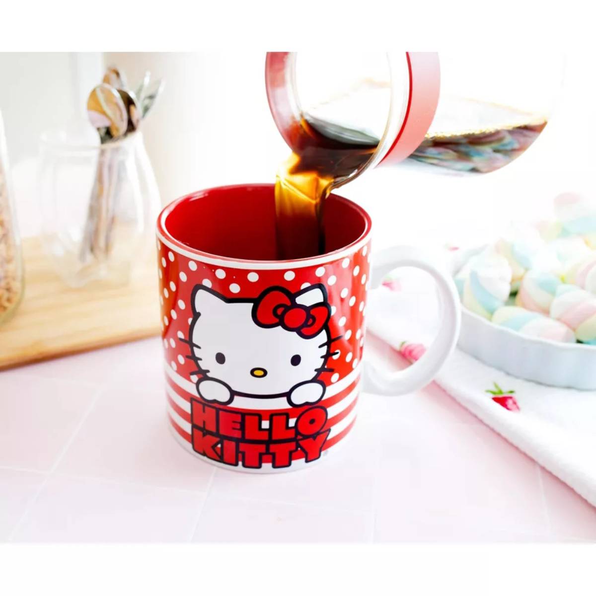 Sanrio Hello Kitty 20 oz Ceramic Dots And Stripes Mug - Red/White