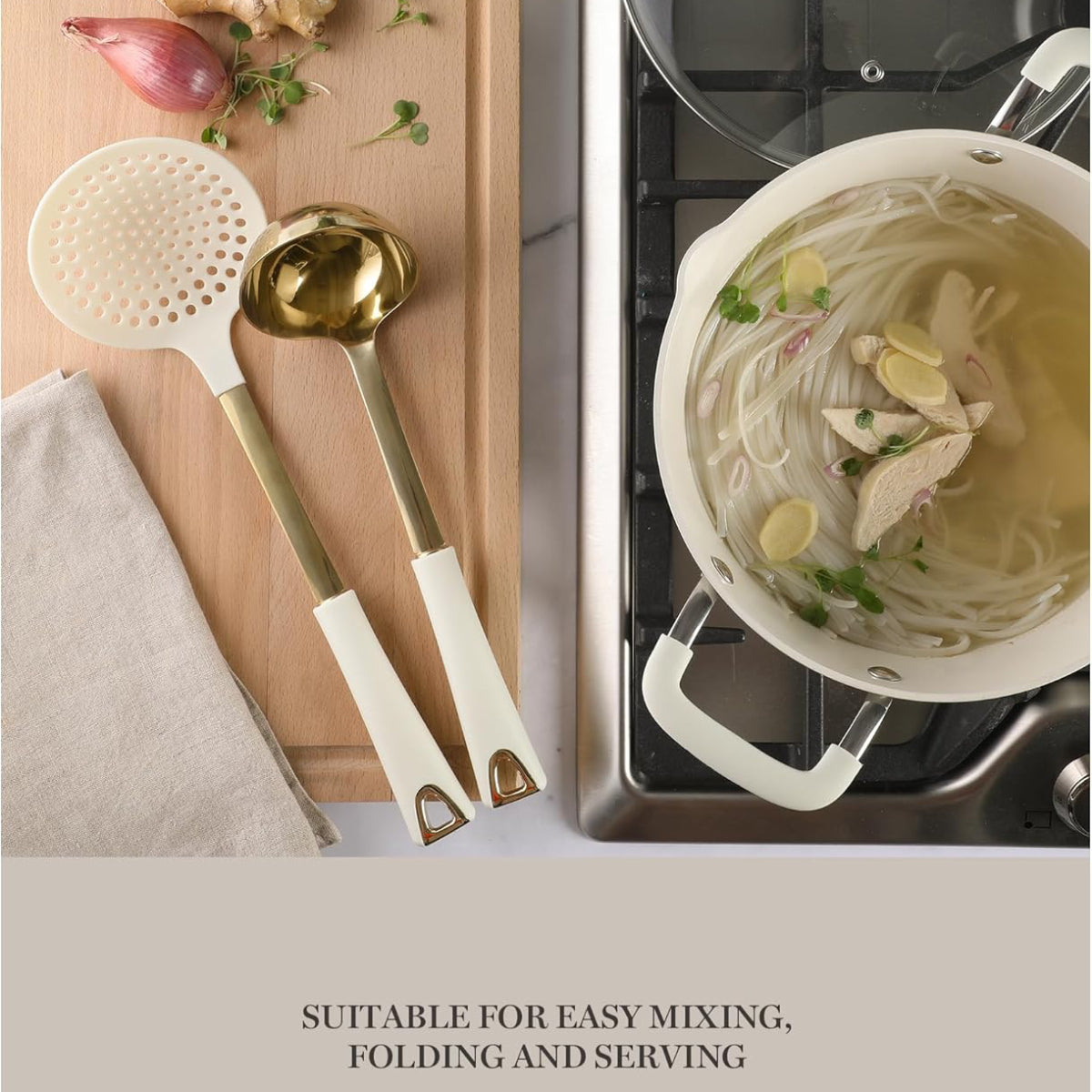 Martha Stewart 143816 Kitchen Skimmer and Ladle (2 Piece) Set - Linen/Gold