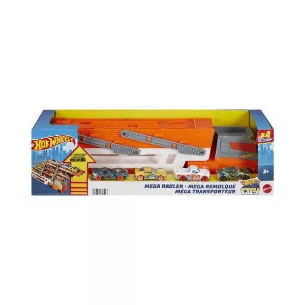 Hot Wheels Mega Hauler Truck Toy with 4 Die-Cast Cars - Orange