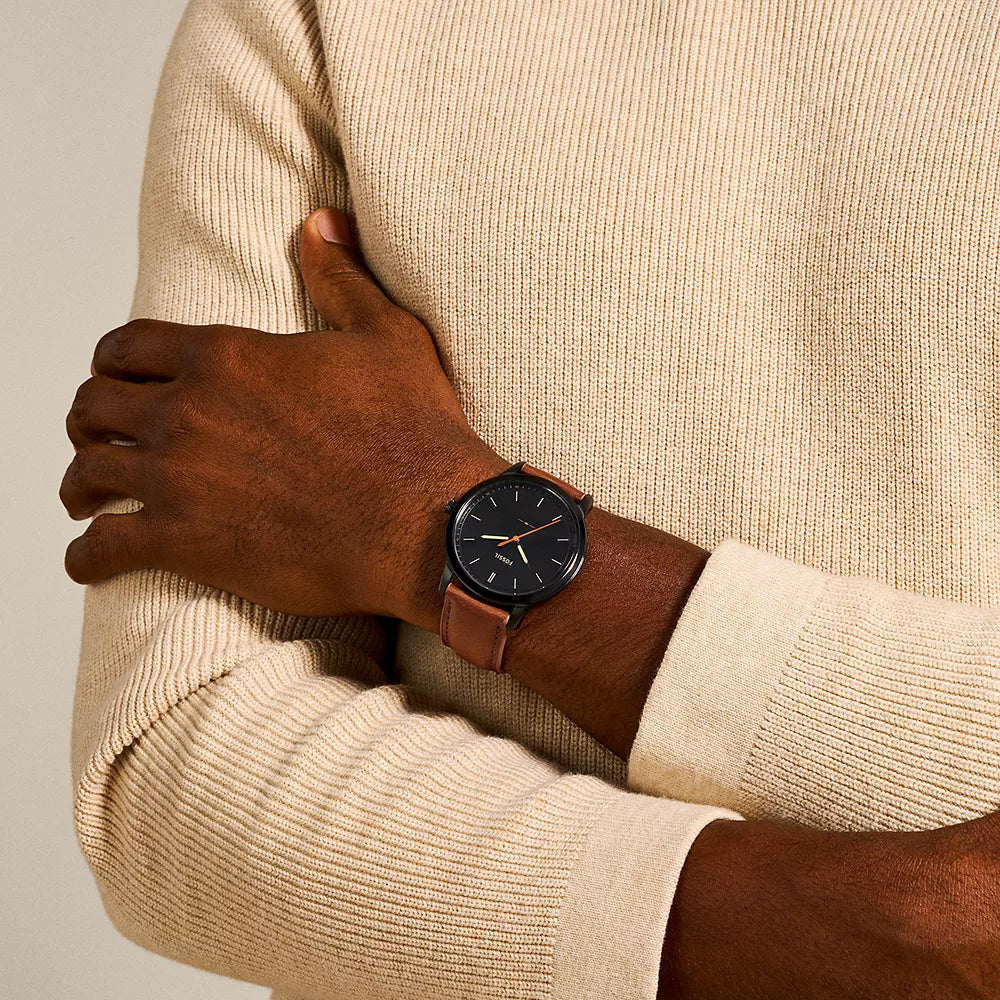 Fossil The Minimalist Men's 44mm Brown Strap Watch - Black Dial