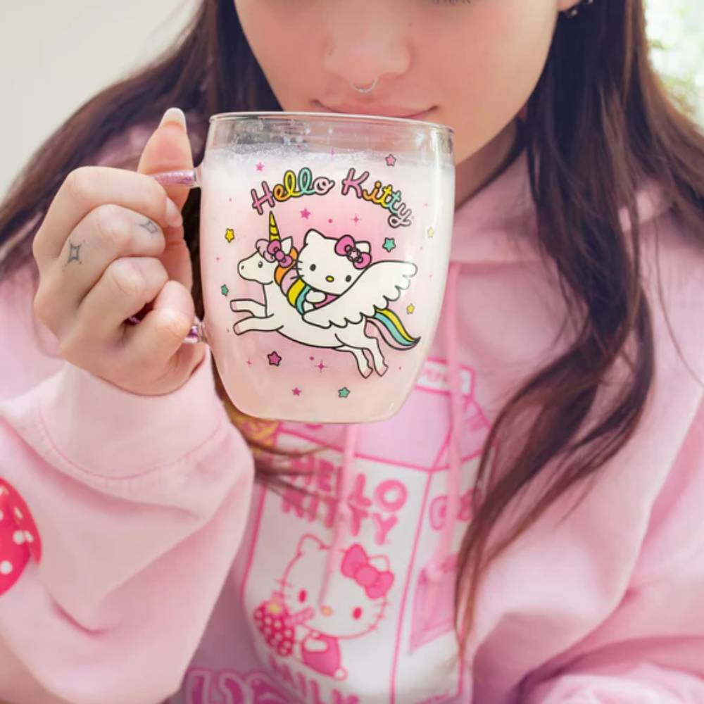 Sanrio Hello Kitty Unicorn 14 oz Glass Mug With Glitter Handle - White/Pink