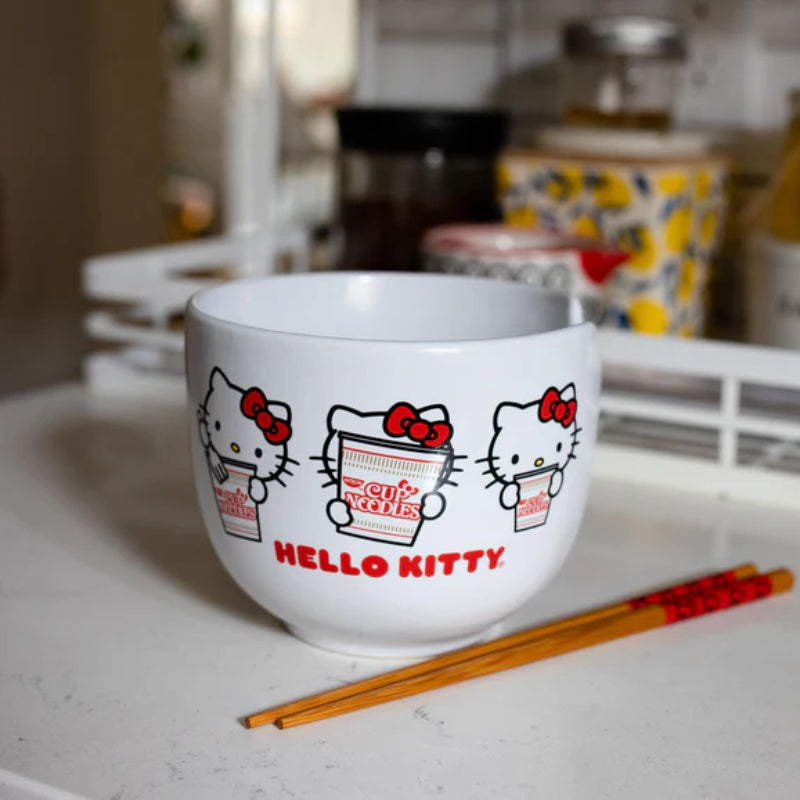 Sanrio Hello Kitty Cup Noodles 20 oz Ceramic Ramen Bowl with Chopsticks - White