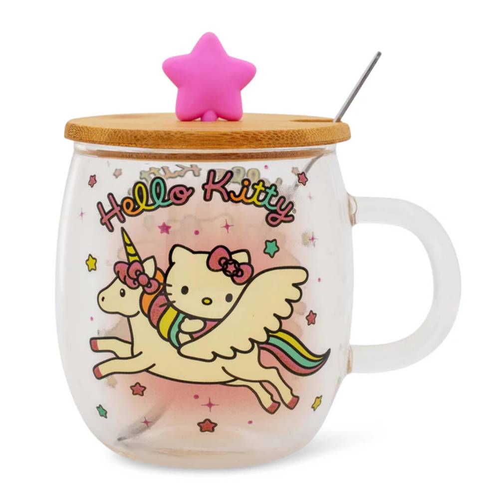 Sanrio Hello Kitty 17 oz Glass Mug With Star Topper Lid and Spoon - Multicolor