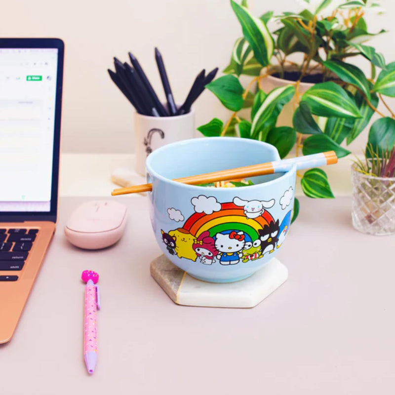 Sanrio Hello Kitty and Friends Rainbow 20 oz Ceramic Ramen Bowl and Chopstick Set - Multicolor