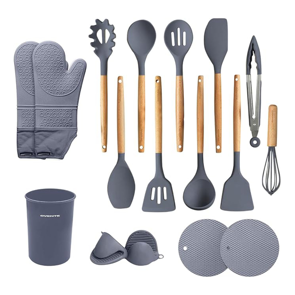 Ovente Silicone Kitchen Utensils Set (17 Pieces) - Gray