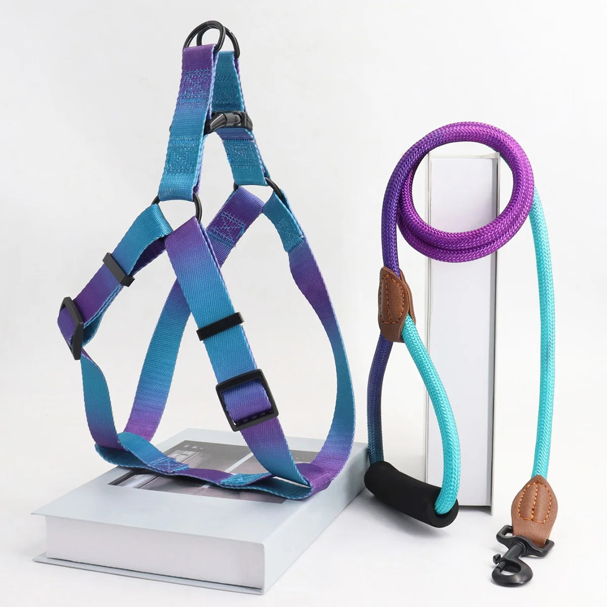 A set of colorful pet harness with leash and dog leash for indoor and outdoor use