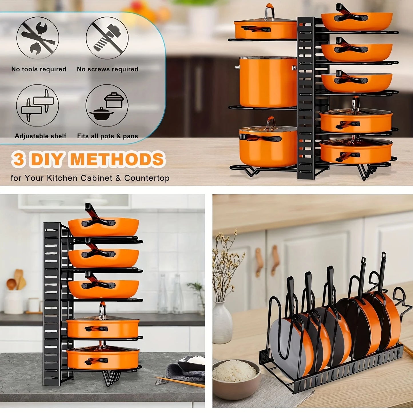 8-Tier Heavy Duty Pot Rack Organizer Durable Metal Space-Saving Holder for Pots Pans and Lids Keep Your Kitchen Neat and Tidy