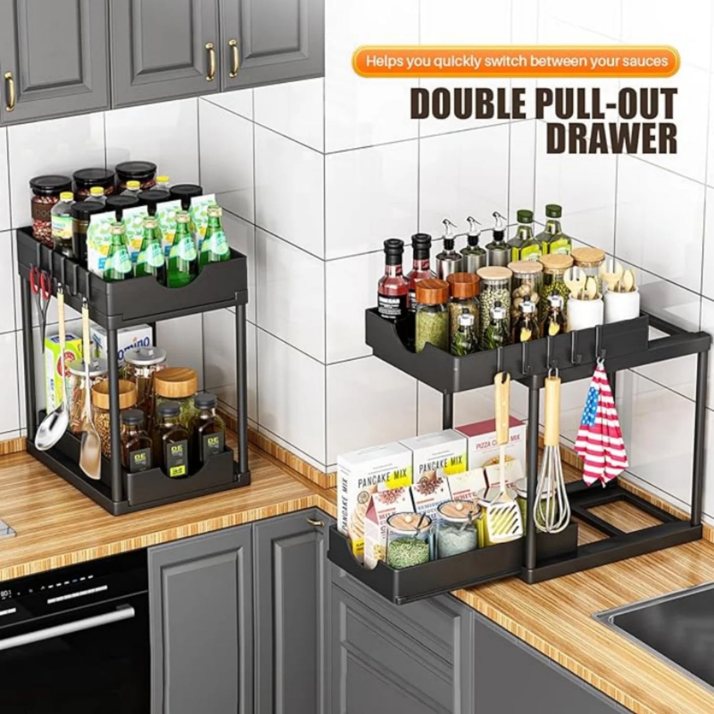2 Tier Under Sink Organizer Sliding Cabinet Basket Rack