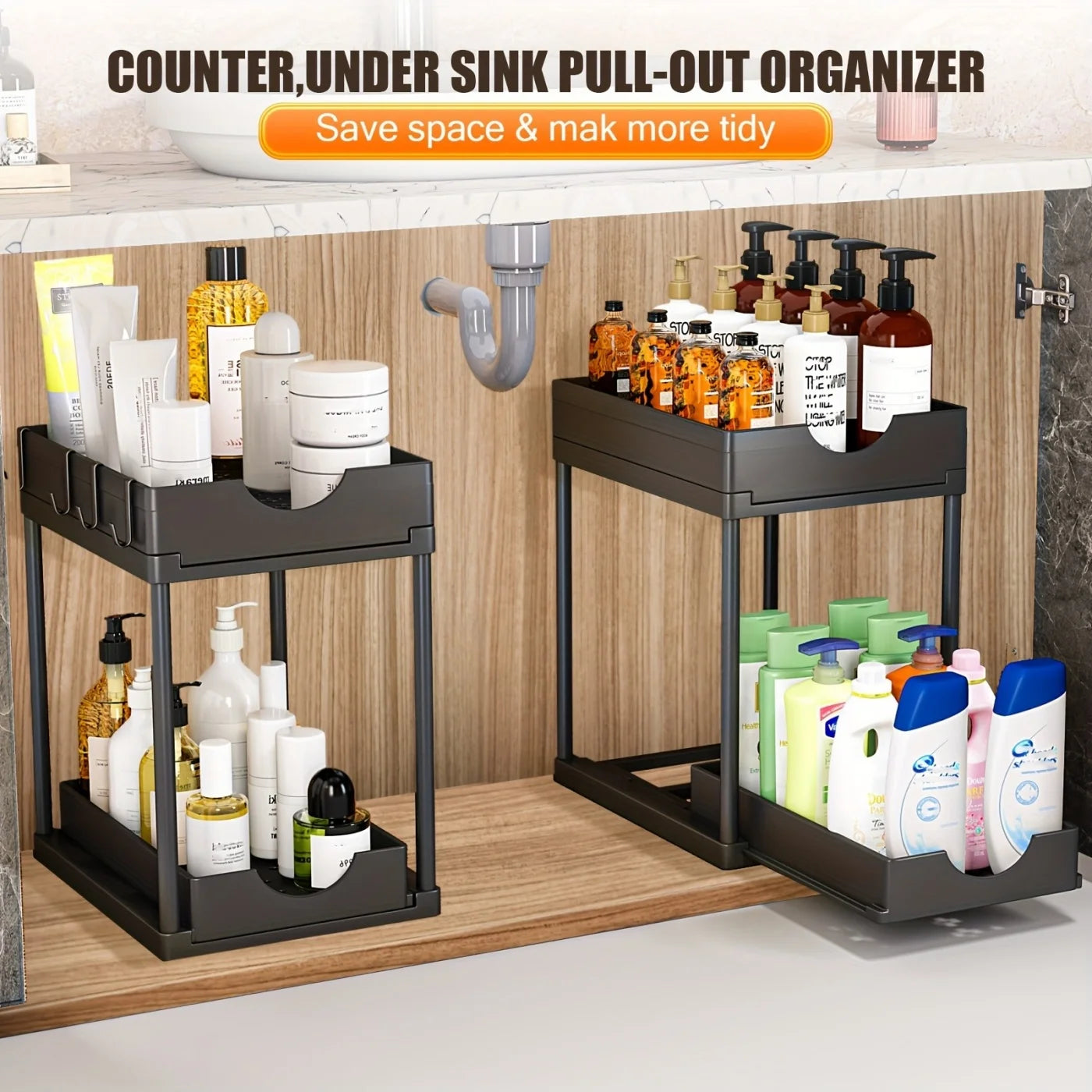 2 Tier Under Sink Organizer Sliding Cabinet Basket Rack
