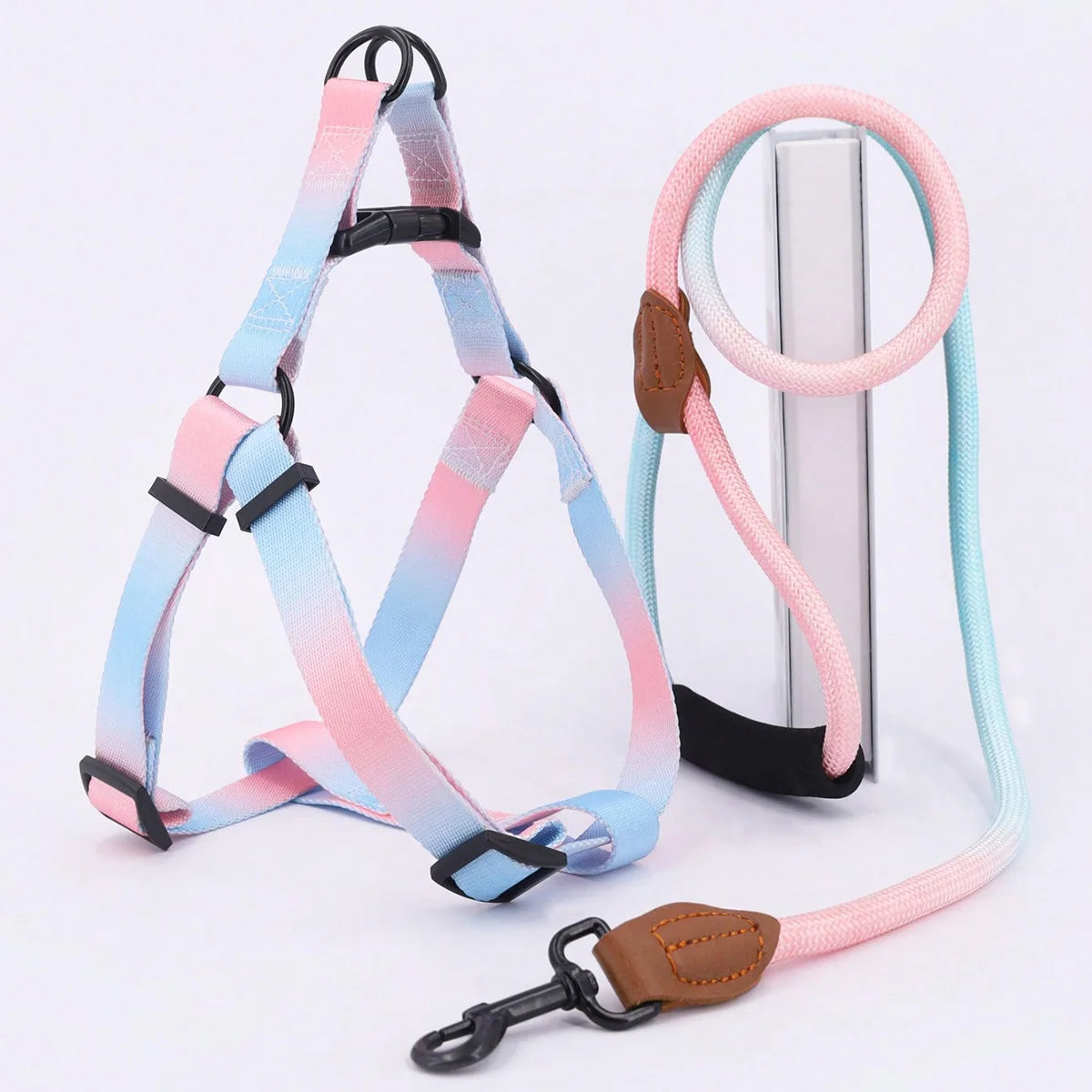 A set of colorful pet harness with leash and dog leash for indoor and outdoor use