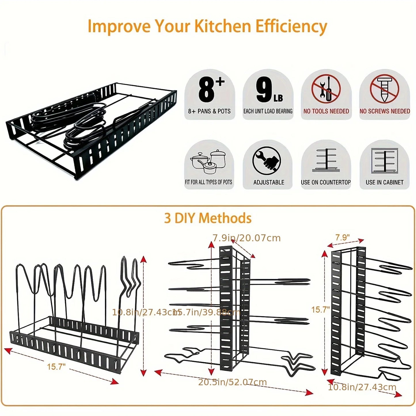 8-Tier Heavy Duty Pot Rack Organizer Durable Metal Space-Saving Holder for Pots Pans and Lids Keep Your Kitchen Neat and Tidy