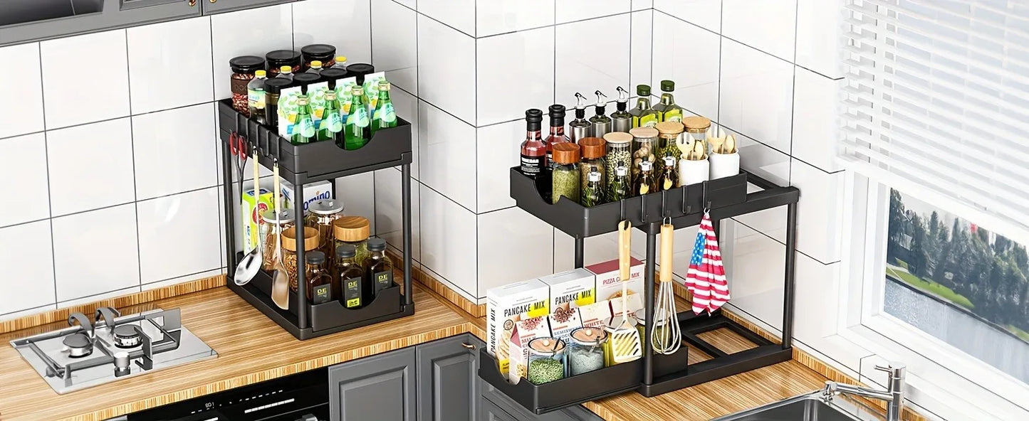 2 Tier Under Sink Organizer Sliding Cabinet Basket Rack